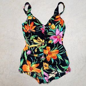 Vintage Slim Allure Made in USA Tropical Floral One Piece Bathing Swimsuit Sz 12